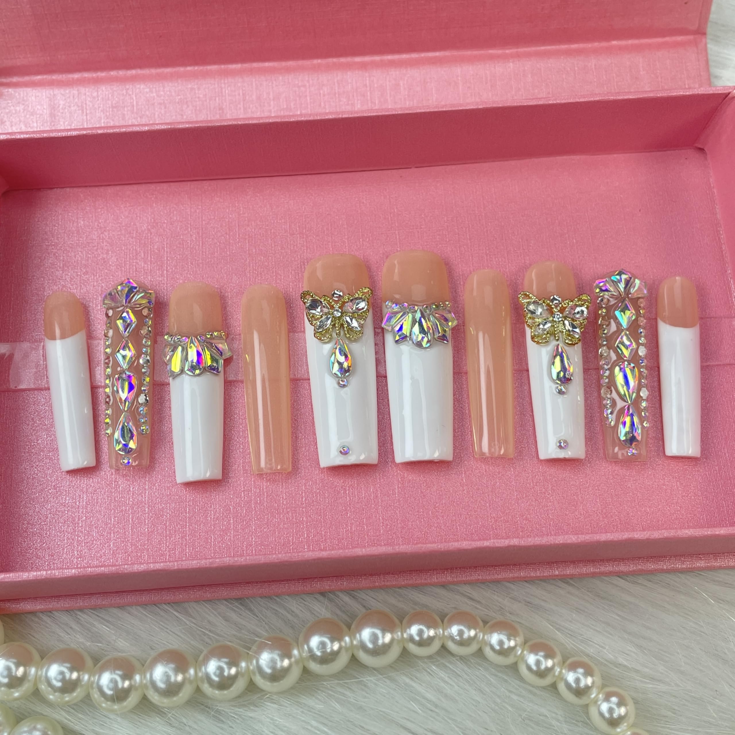 GGDDSHA Nails Press On Nails Medium Fake Nails FalseNails With 3D Flower Designs Nail Press Ons French TipHandmade Acrylic Artificial Nails Summer Natural Stick OnNails For WomenOpal Whisper